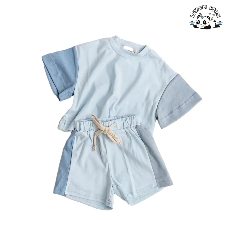LEZONKIDS - New Fashion Kid Suit Solid Color Block Boy Set Short Sleeve T Shirt Shorts 2 Piece Child Jogger Set